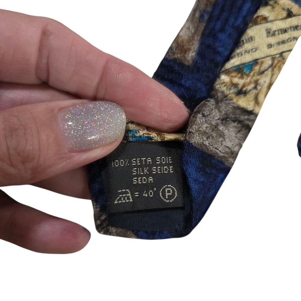 Ermenegildo Zegna Mens Tie Navy Blue Gray Silk‎ Floral Plaid Classic Designer